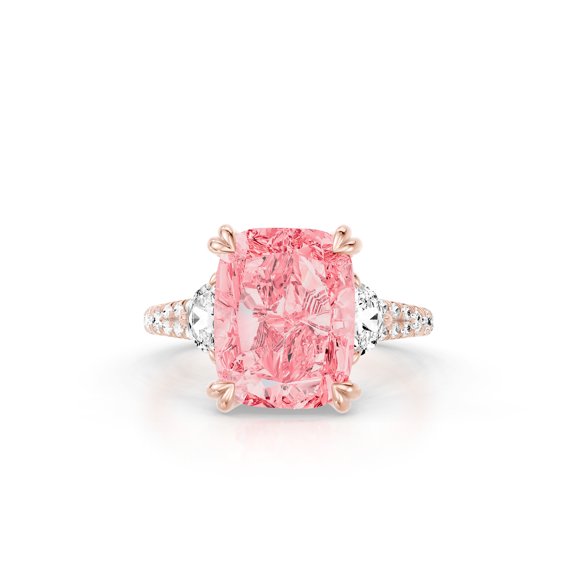 Lara Jewels High Jewellry High Jewelry | Jane Cushion Pink Diamond Three Stone Engagement Ring - Cushion - 18k Rose Gold - Front View