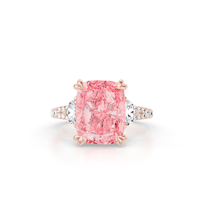 Lara Jewels High Jewellry High Jewelry | Jane Cushion Pink Diamond Three Stone Engagement Ring - Cushion - 18k Rose Gold - Front View