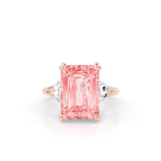 Lara Jewels High Jewellry High Jewelry | Jane Emerald Cut Pink Diamond Three Stone Engagement Ring - Emerald - 18k Rose Gold - Front View