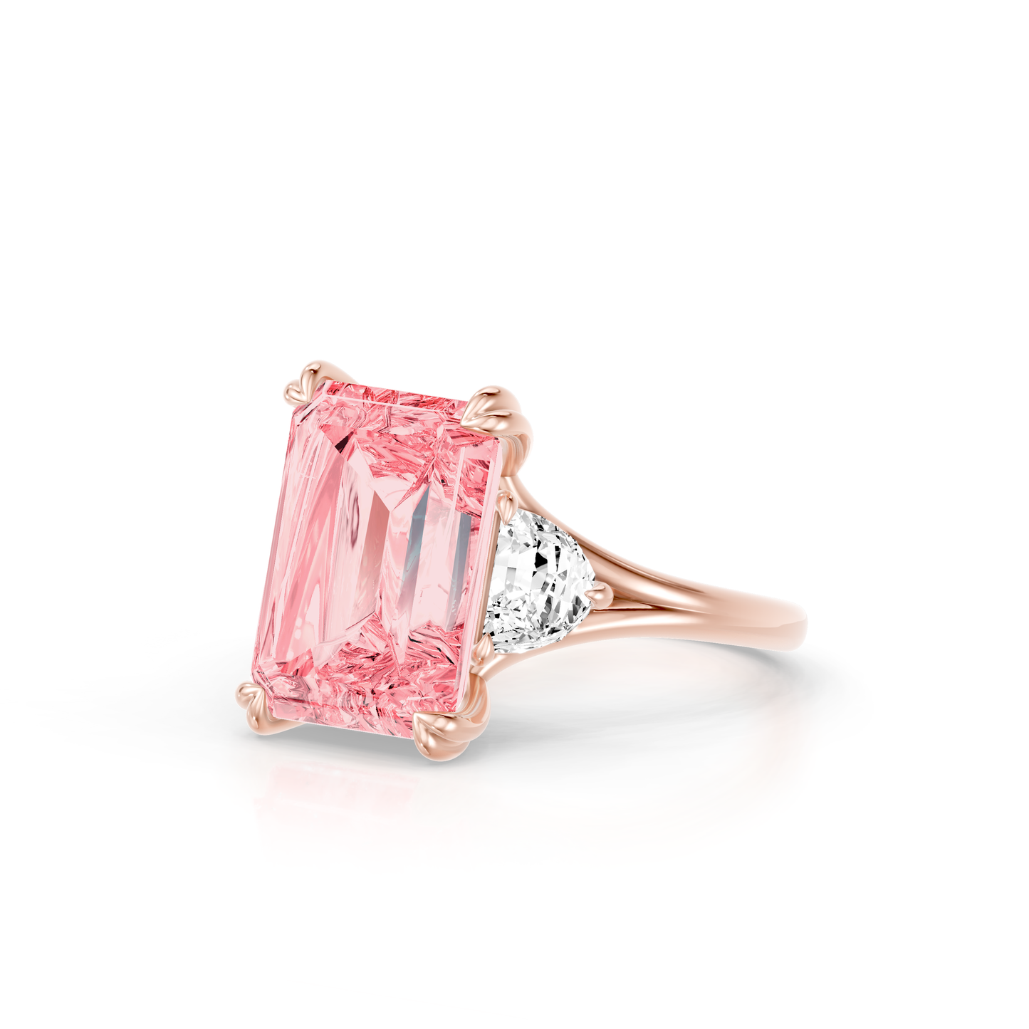 Lara Jewels High Jewellry High Jewelry | Jane Emerald Cut Pink Diamond Three Stone Engagement Ring - Emerald - 14k Rose Gold - Side View