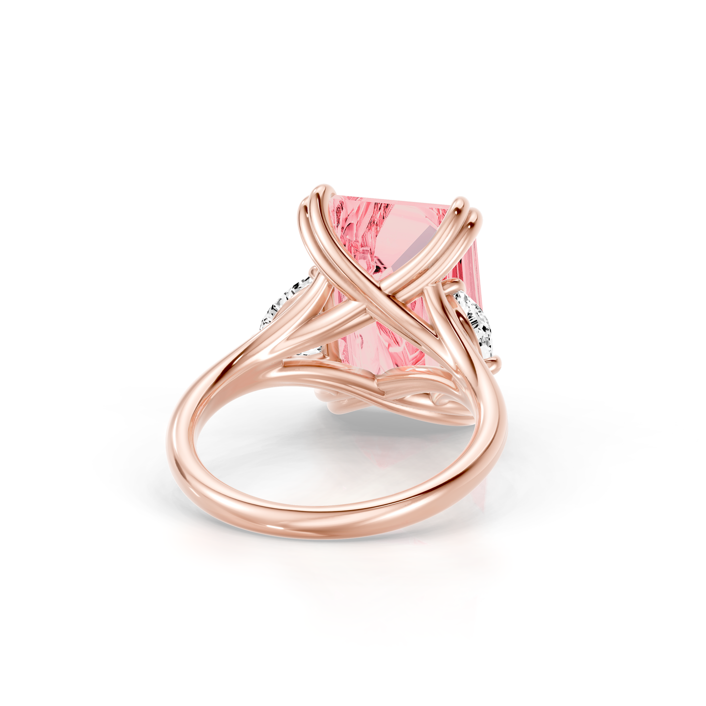 Lara Jewels High Jewellry High Jewelry | Jane Emerald Cut Pink Diamond Three Stone Engagement Ring - Emerald - 18k Rose Gold - Angle View