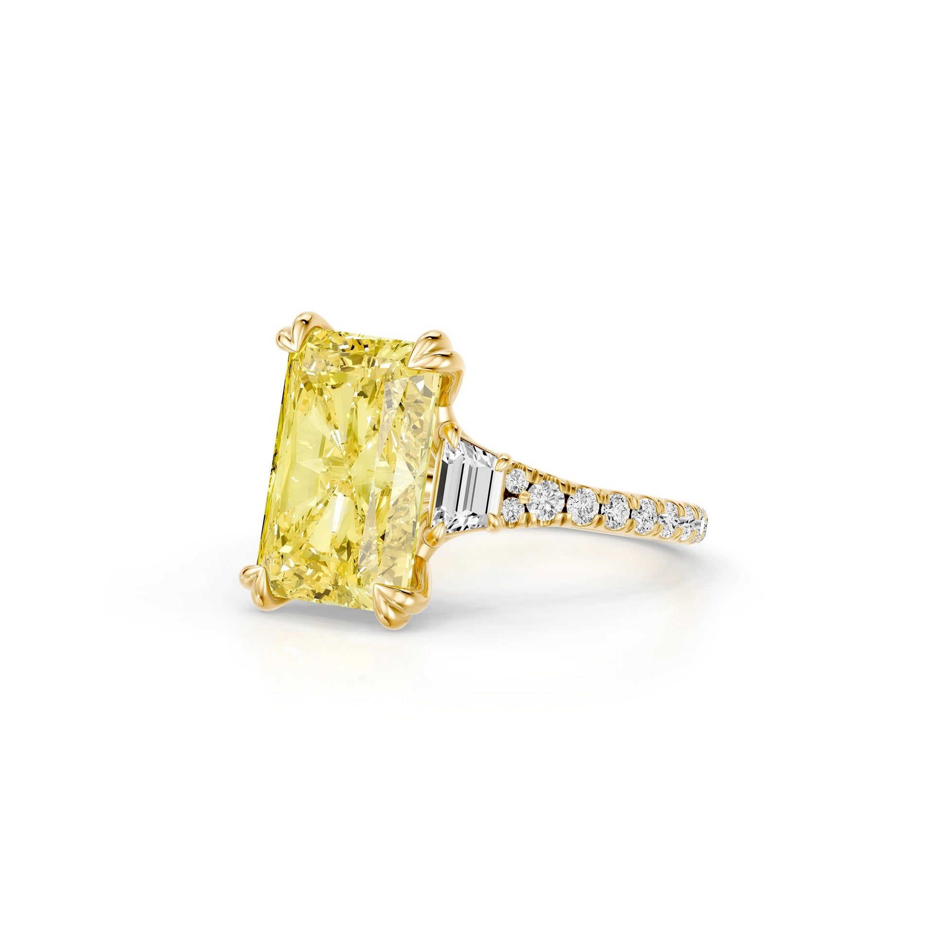 Lara Jewels High Jewellry High Jewelry | Jane Radiant Yellow Diamond Three Stone Engagement Ring - Radiant - 14k Yellow Gold - Side View