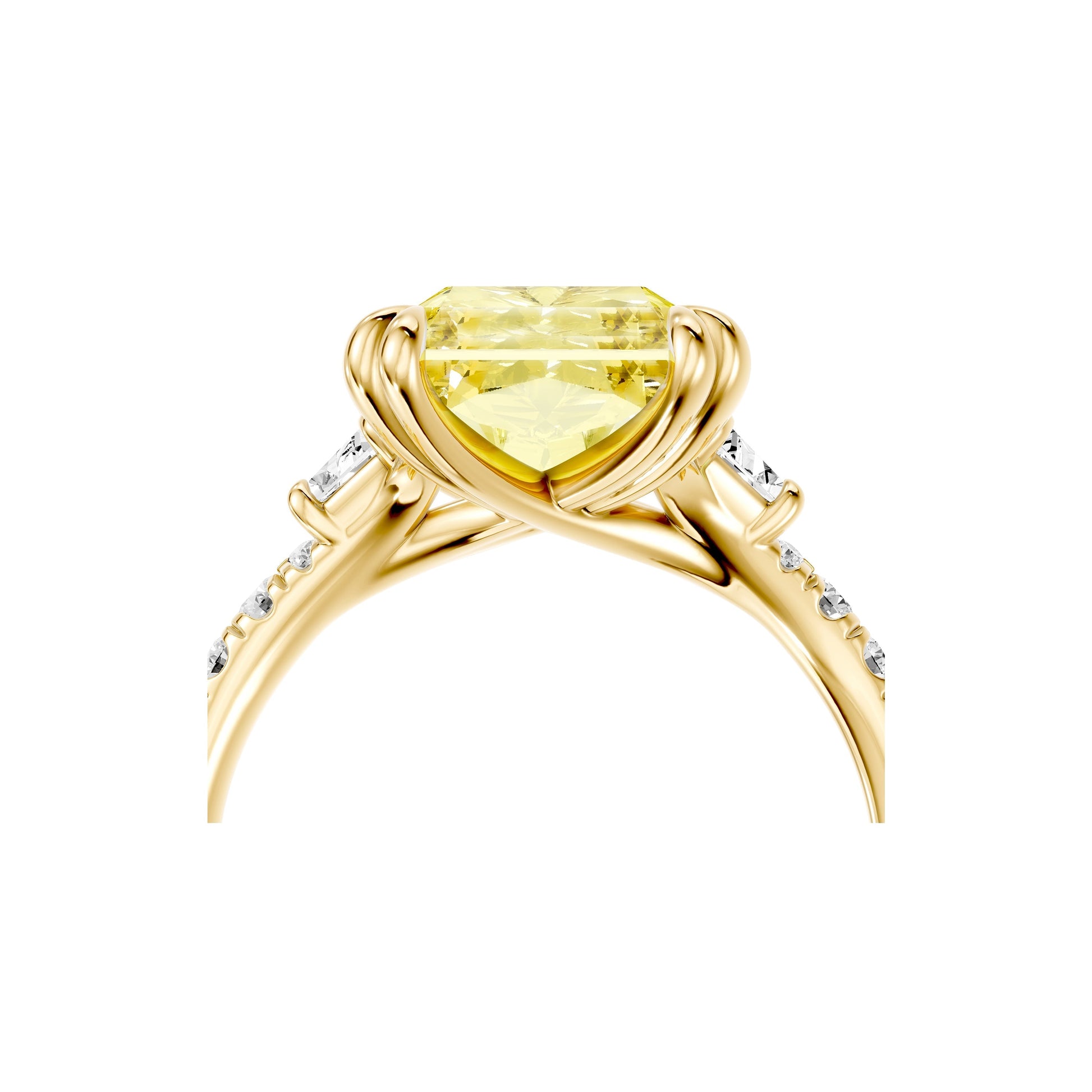 Lara Jewels High Jewellry High Jewelry | Jane Radiant Yellow Diamond Three Stone Engagement Ring - Radiant - 18k Yellow Gold - Lifestyle View