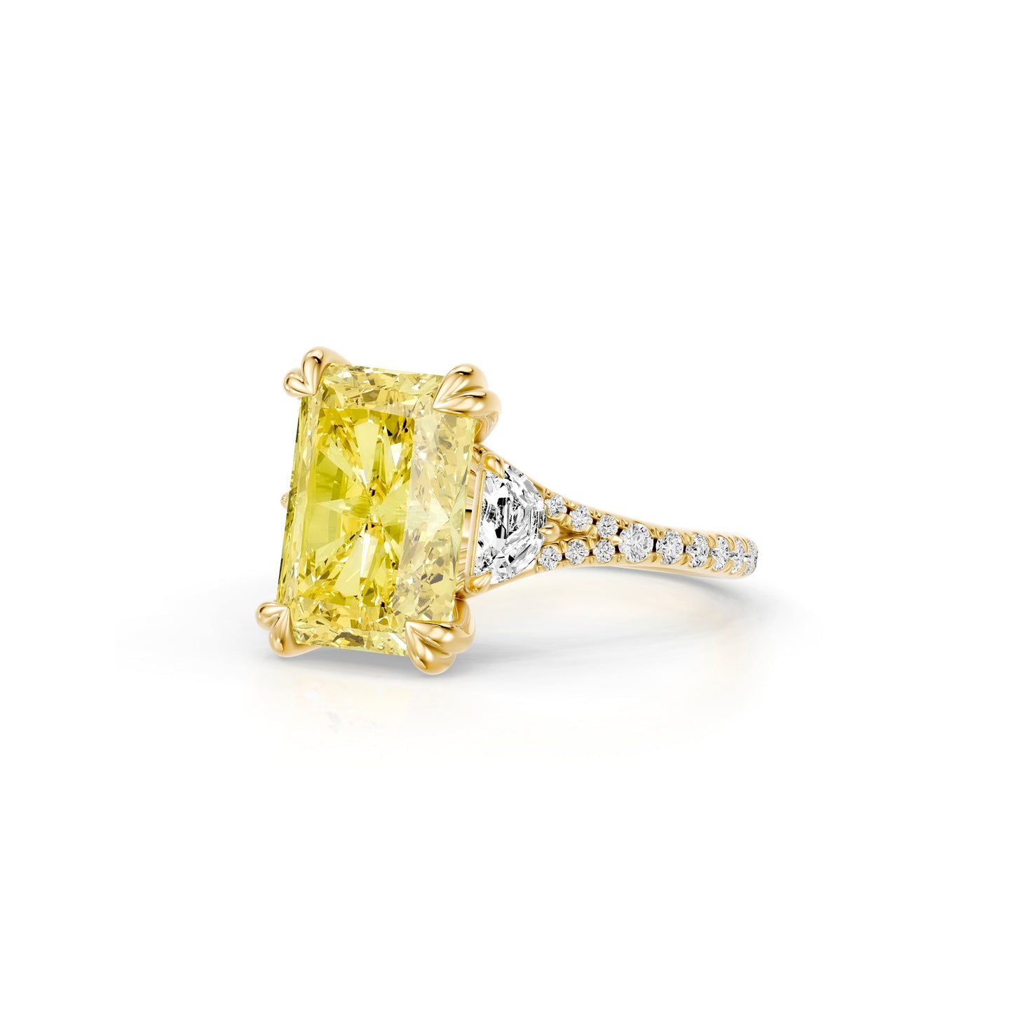 Lara Jewels High Jewellry High Jewelry | Jane Radiant Yellow Diamond Three Stone Engagement Ring - Radiant - 14k Yellow Gold - Side View