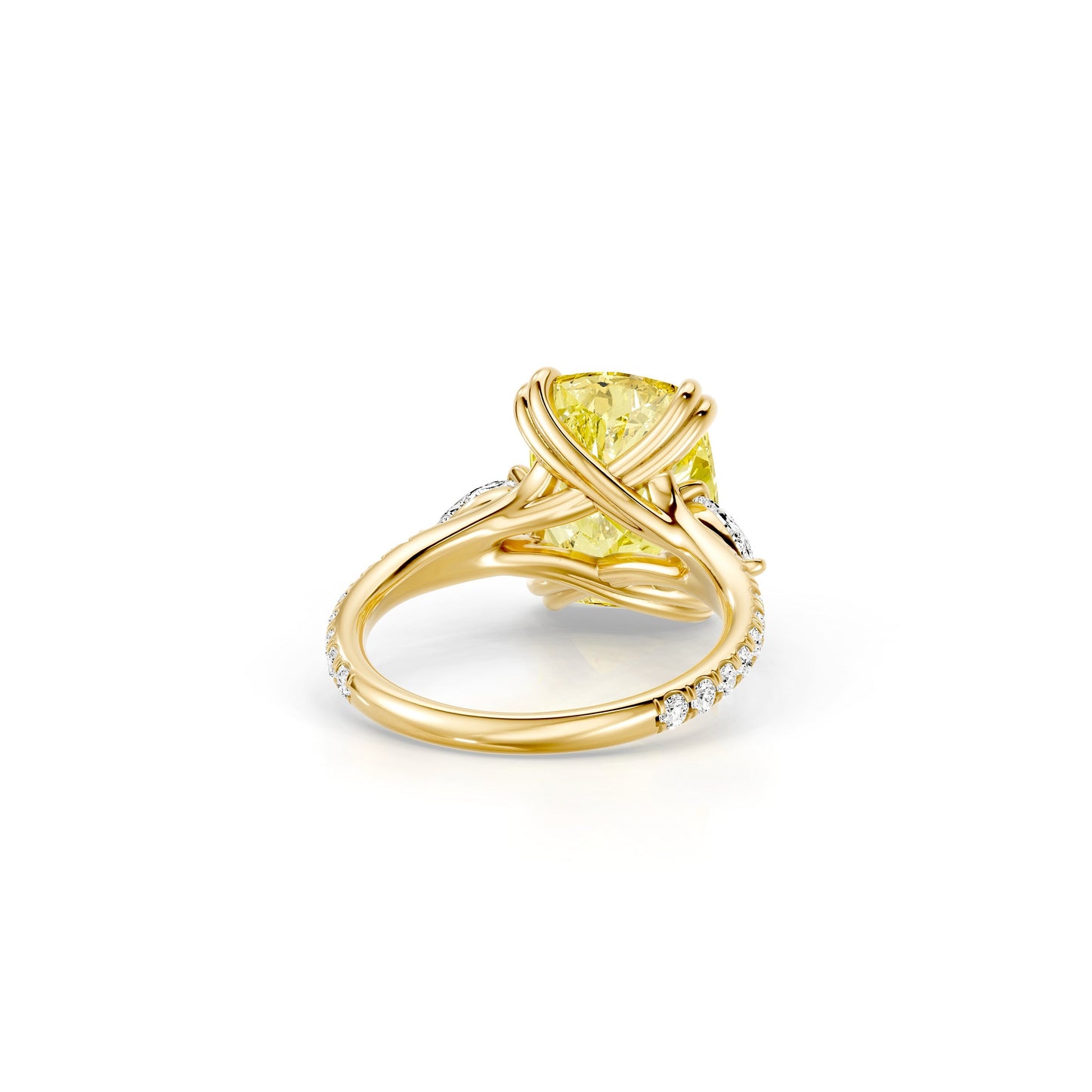 Lara Jewels High Jewellry High Jewelry | Jane Elongated Cushion Yellow Diamond Three Stone Engagement Ring - Elongated Cushion - 18k Yellow Gold - Angle View