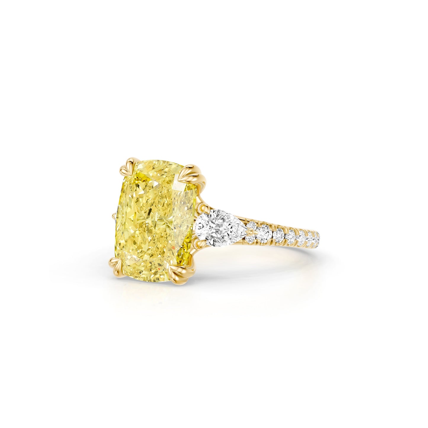 Lara Jewels High Jewellry High Jewelry | Jane Elongated Cushion Yellow Diamond Three Stone Engagement Ring - Elongated Cushion - 14k Yellow Gold - Side View