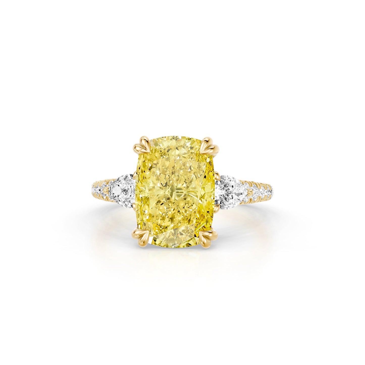 Lara Jewels High Jewellry High Jewelry | Jane Elongated Cushion Yellow Diamond Three Stone Engagement Ring - Elongated Cushion - 18k Yellow Gold - Front View