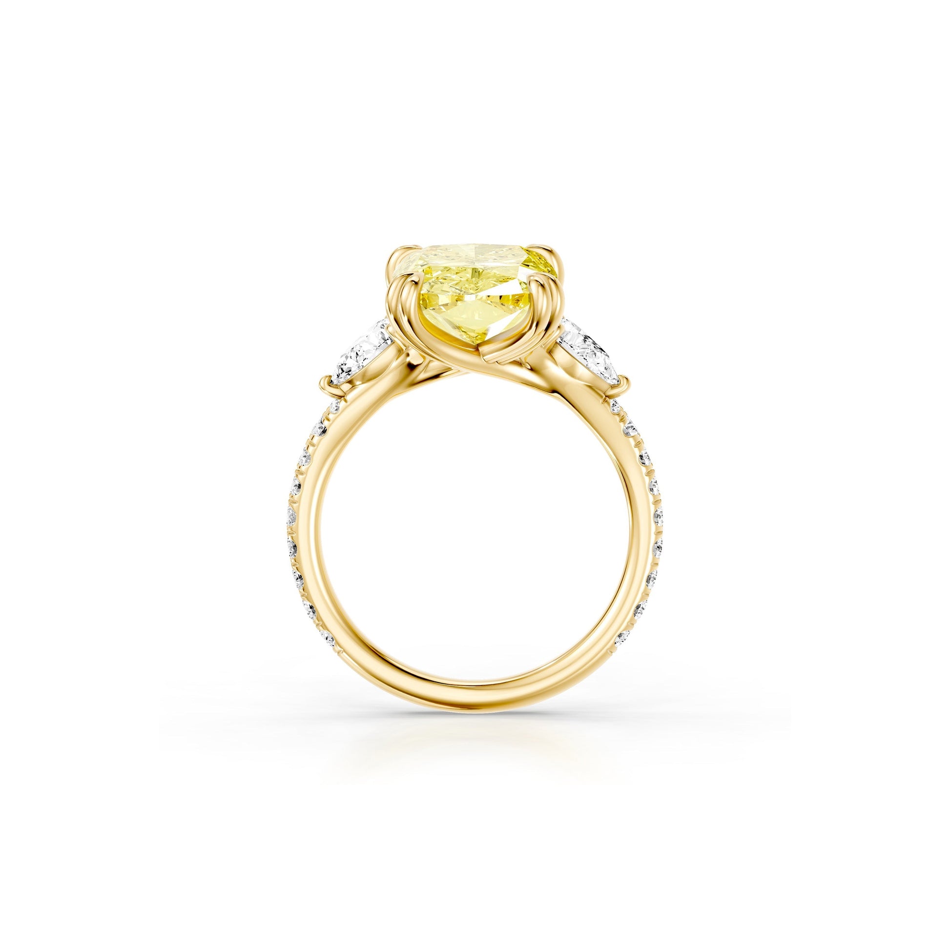 Lara Jewels High Jewellry High Jewelry | Jane Elongated Cushion Yellow Diamond Three Stone Engagement Ring - Elongated Cushion - 18k Yellow Gold - Detail View