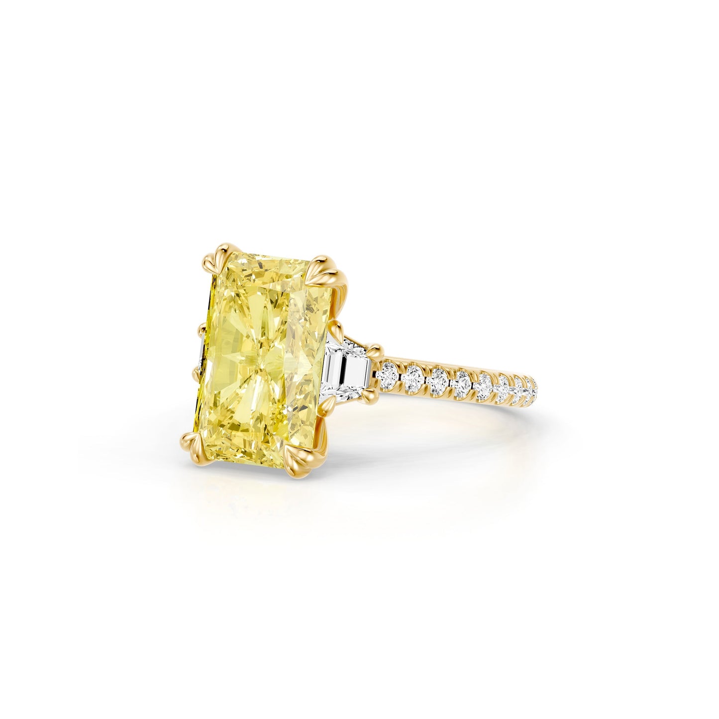 Lara Jewels High Jewellry High Jewelry | Elle Radiant Yellow Diamond Three Stone Lab Diamond Engagement Ring - Radiant - 14k Yellow Gold - Side View