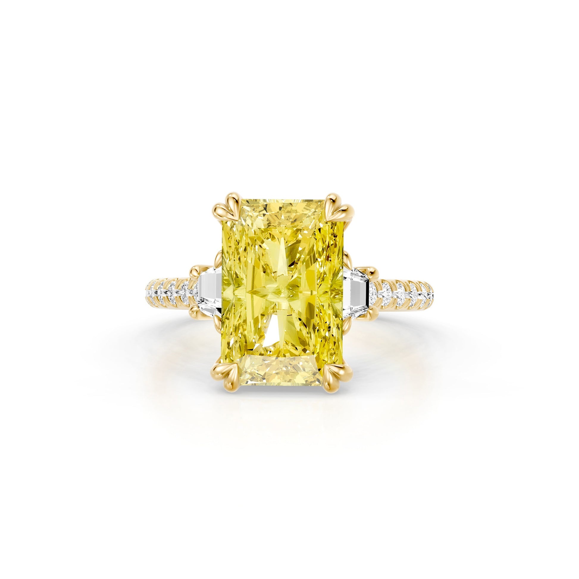 Lara Jewels High Jewellry High Jewelry | Elle Radiant Yellow Diamond Three Stone Lab Diamond Engagement Ring - Radiant - 18k Yellow Gold - Front View