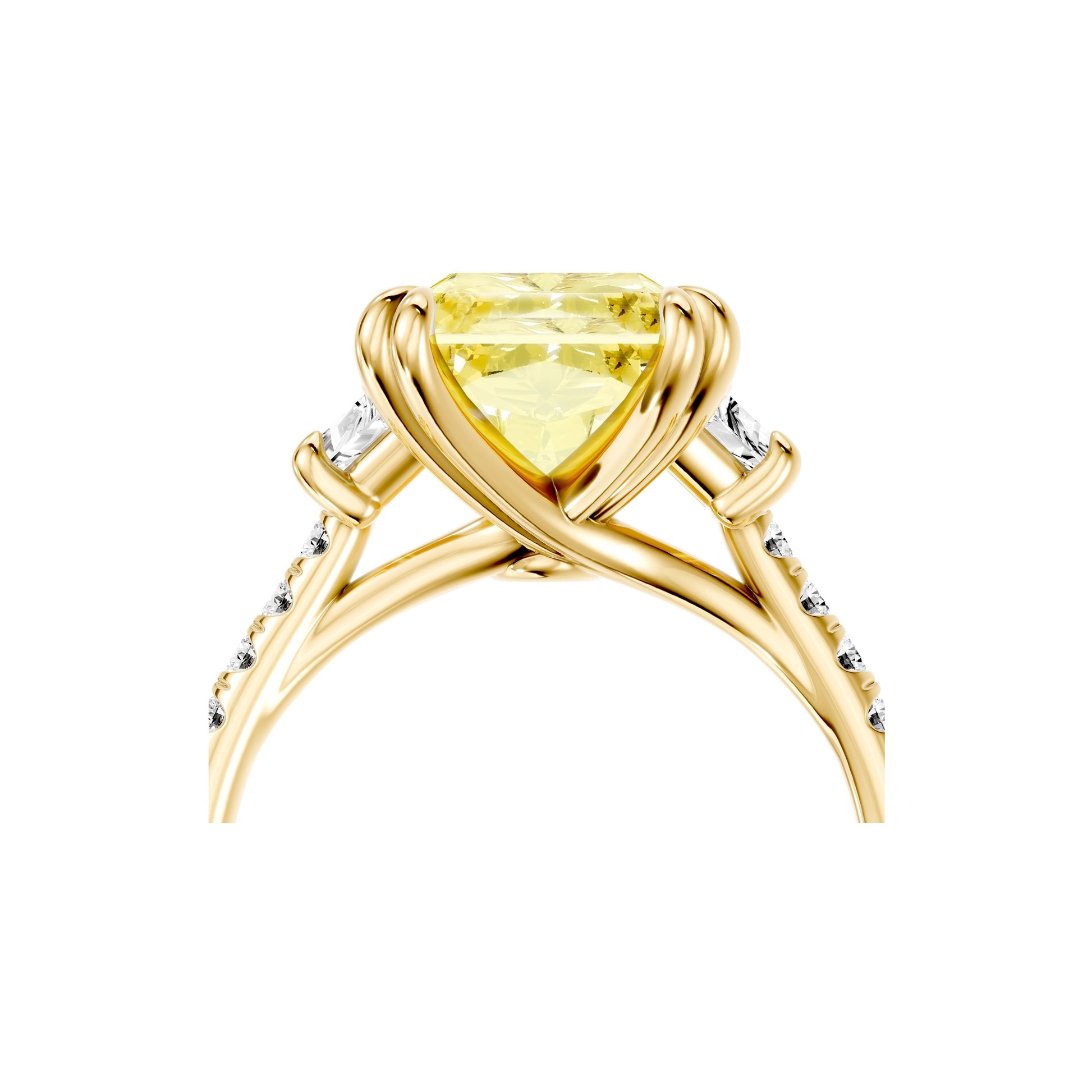 Lara Jewels High Jewellry High Jewelry | Elle Radiant Yellow Diamond Three Stone Lab Diamond Engagement Ring - Radiant - 18k Yellow Gold - Lifestyle View
