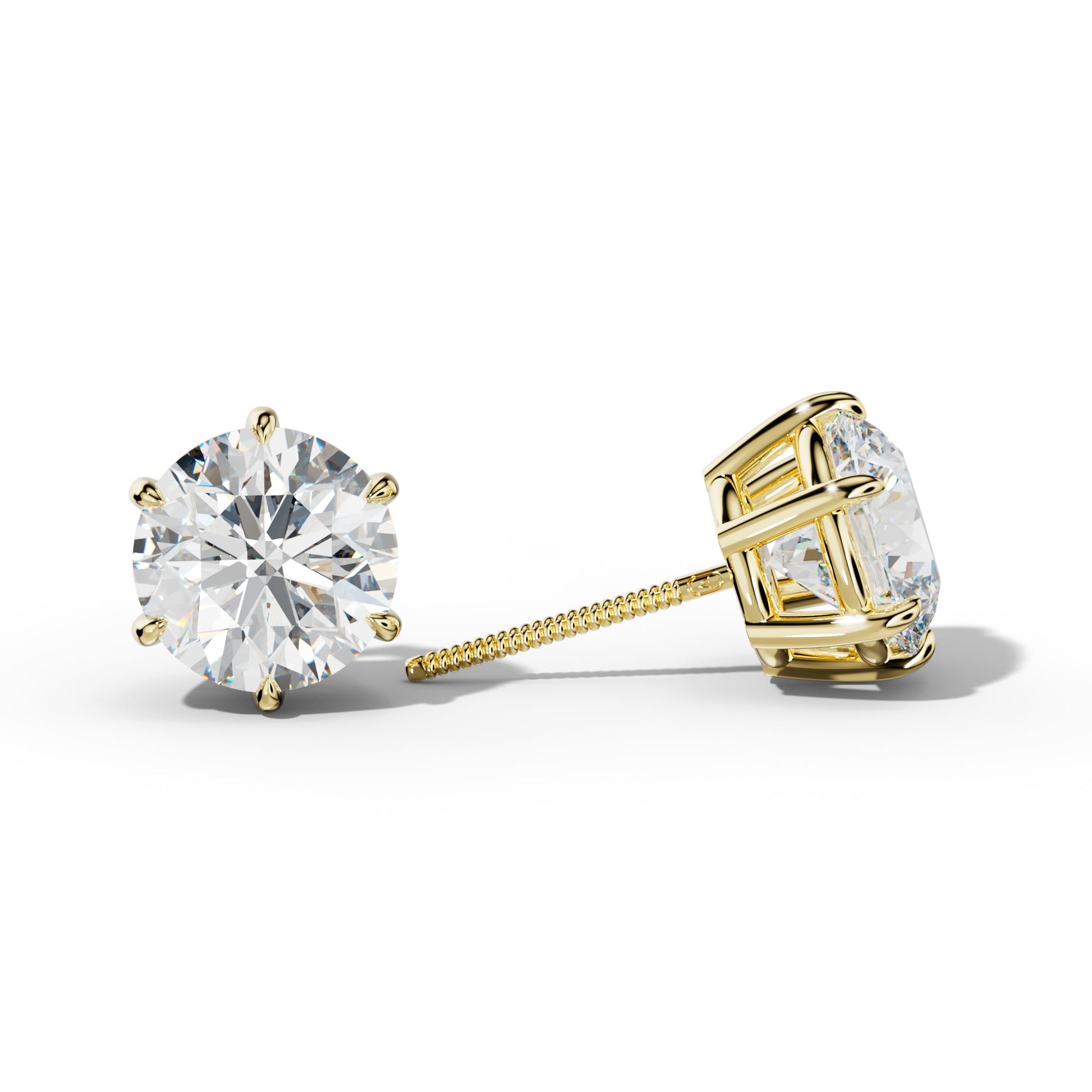 Round Diamond Stud Earrings With Six Prongs - 1/2 - 18K Yellow Gold