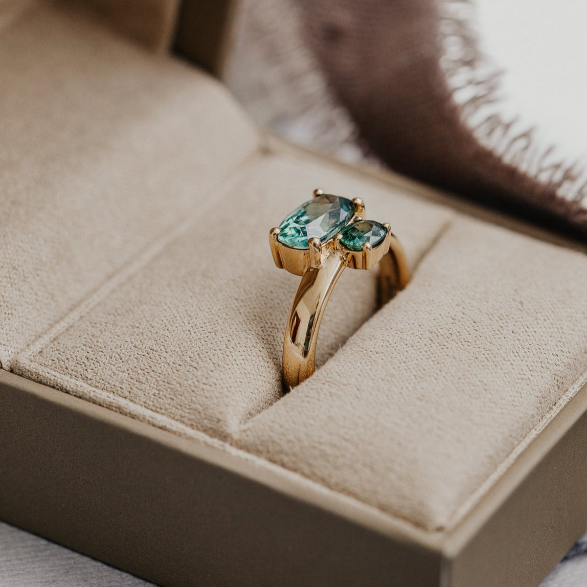 The Reese Long Cushion Teal Montana Sapphire Ring