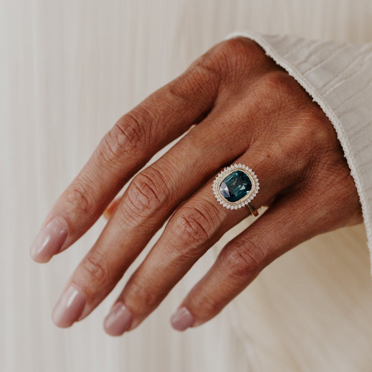 The Nile Elongated Cushion Green Madagascar Sapphire Ring