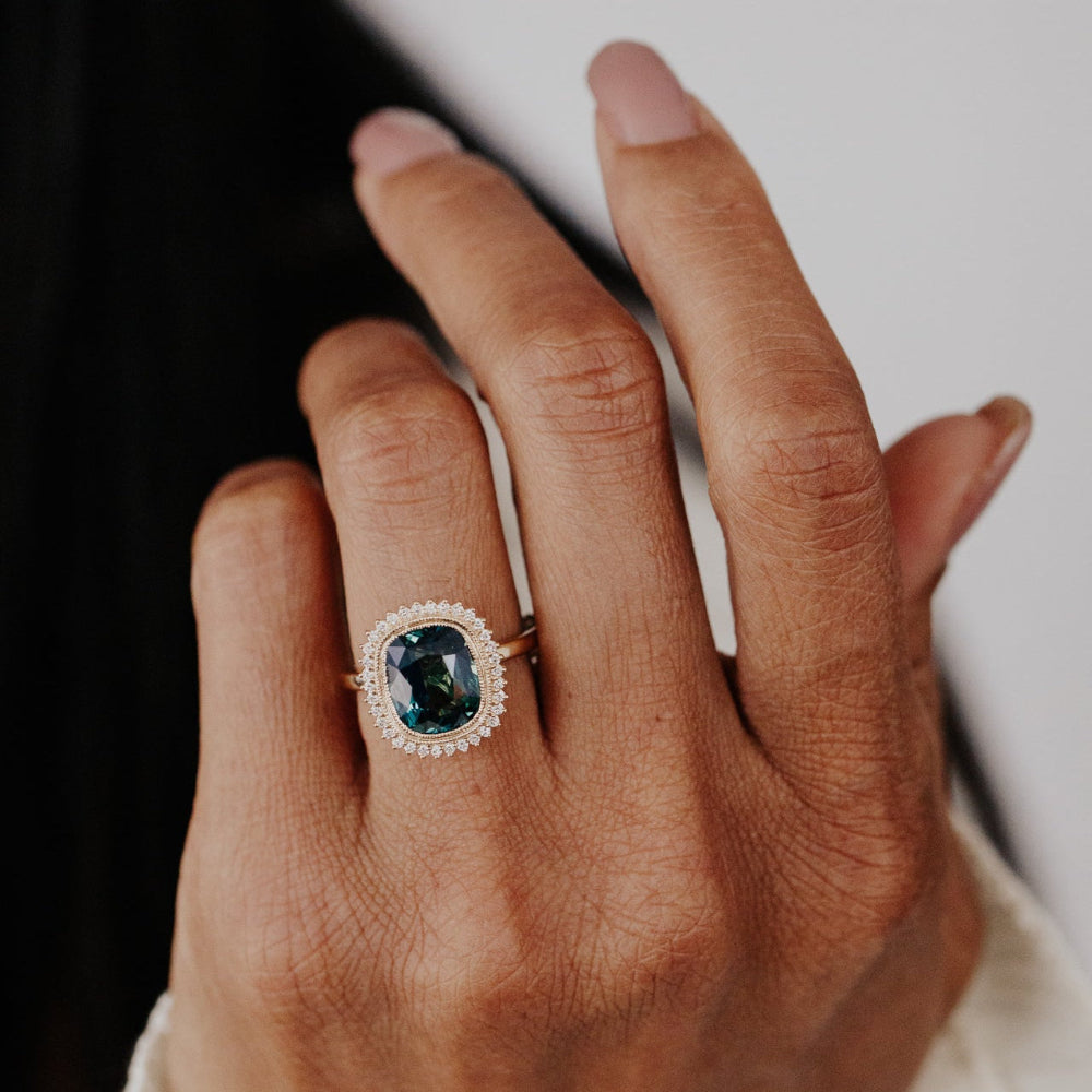 The Nile Elongated Cushion Green Madagascar Sapphire Ring
