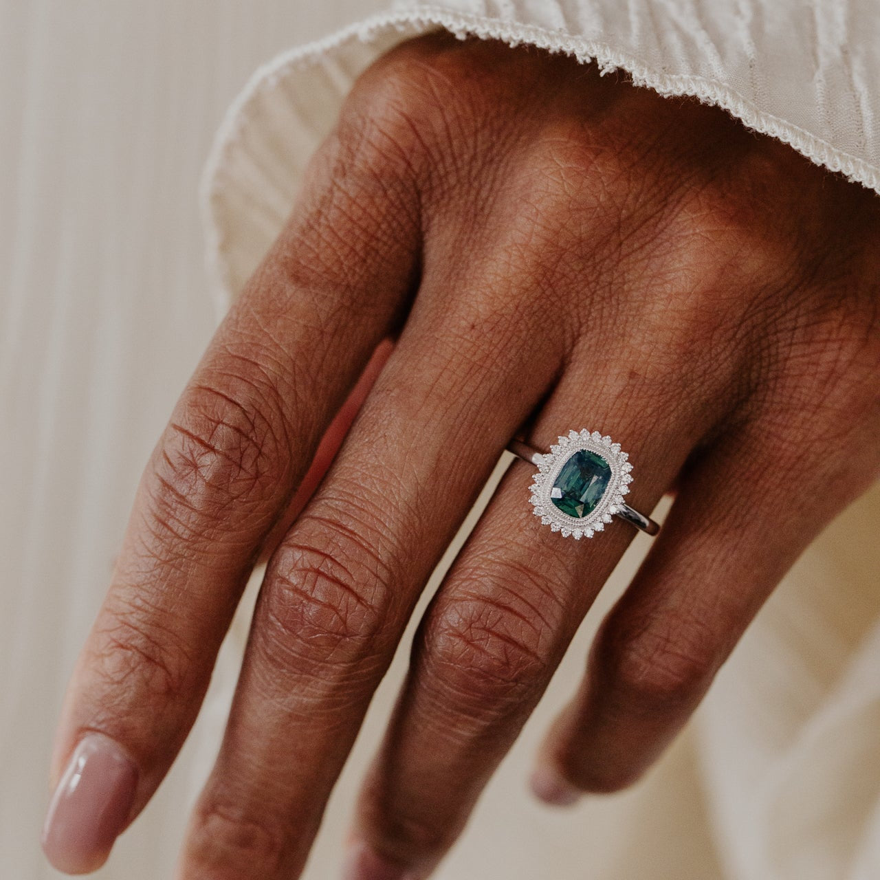 The Nile Elongated Cushion Teal Sapphire Ring