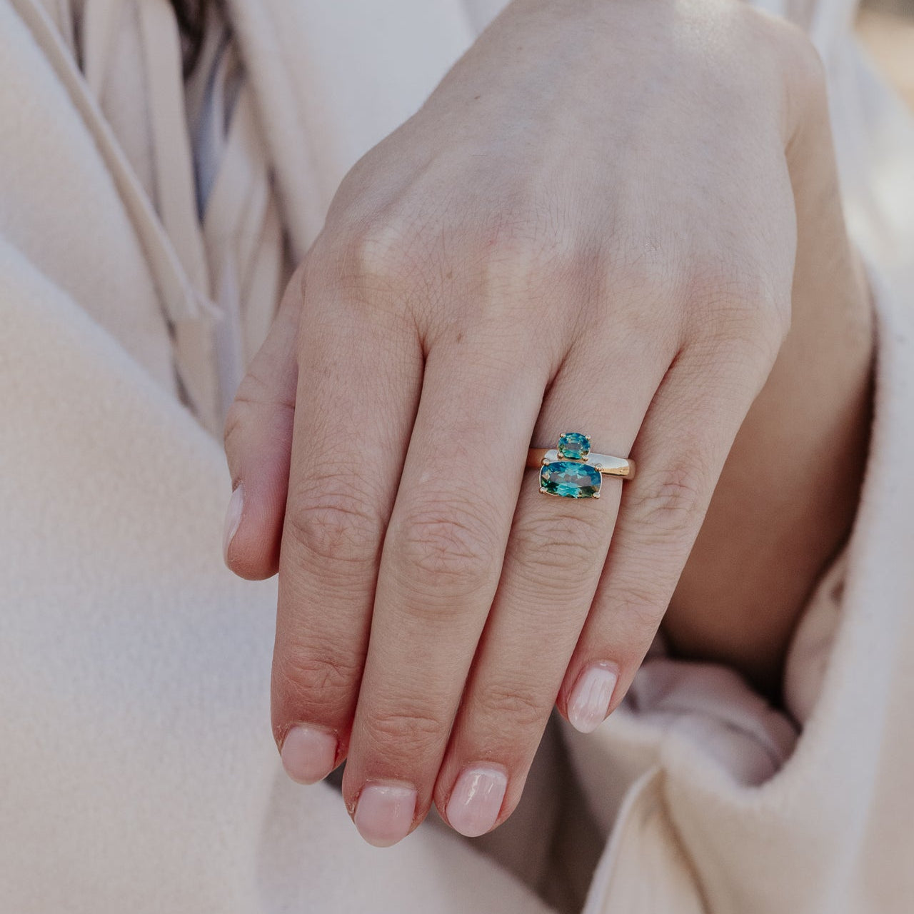 The Reese Long Cushion Teal Montana Sapphire Ring