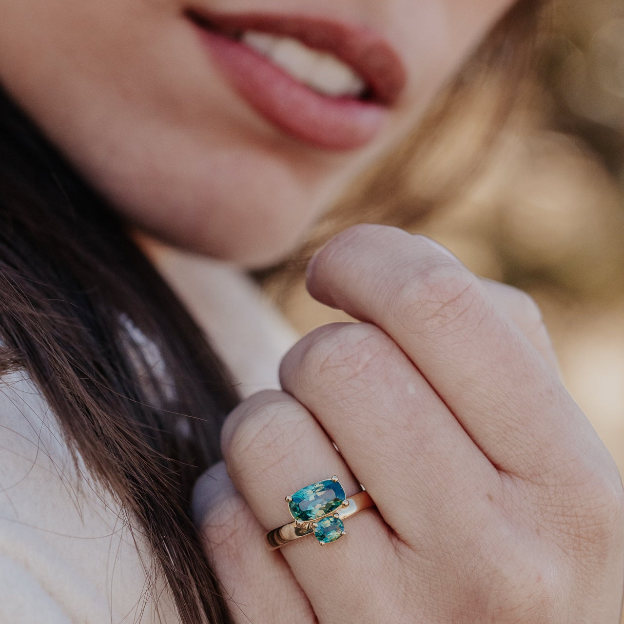 The Reese Long Cushion Teal Montana Sapphire Ring