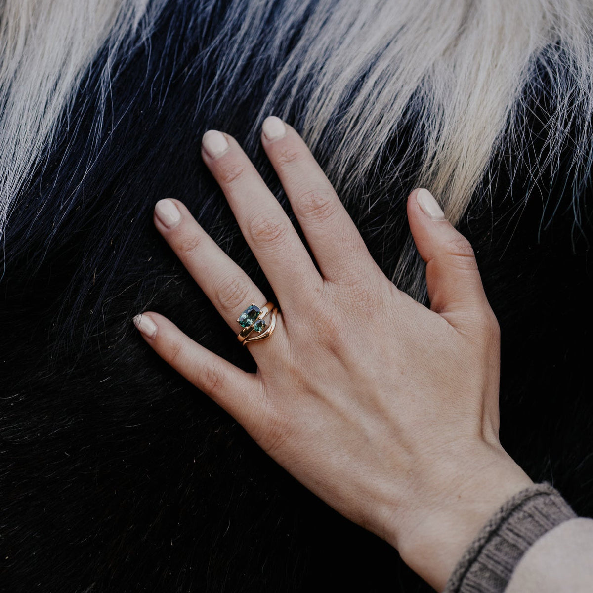The Reese Long Cushion Teal Montana Sapphire Ring