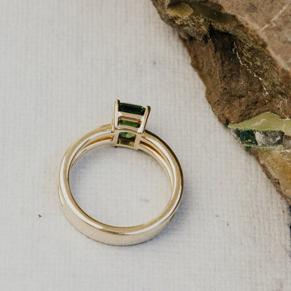 The Amanda Emerald Cut Teal Sapphire Double Band Solitaire