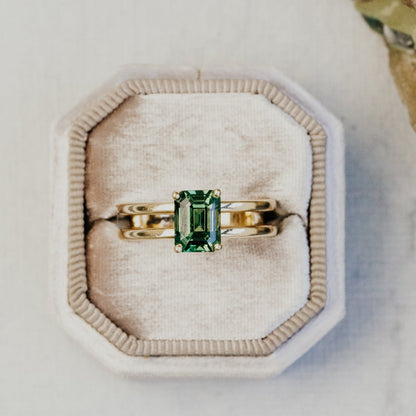 The Amanda Emerald Cut Teal Sapphire Double Band Solitaire