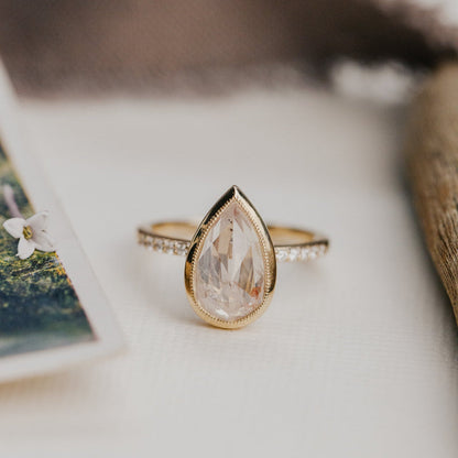 The Lyell Pear Clear and Peach Rustic Diamond Ring