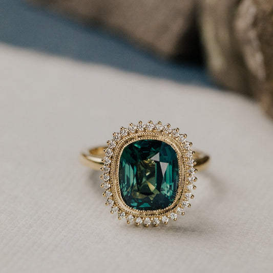 The Nile Elongated Cushion Green Madagascar Sapphire Ring