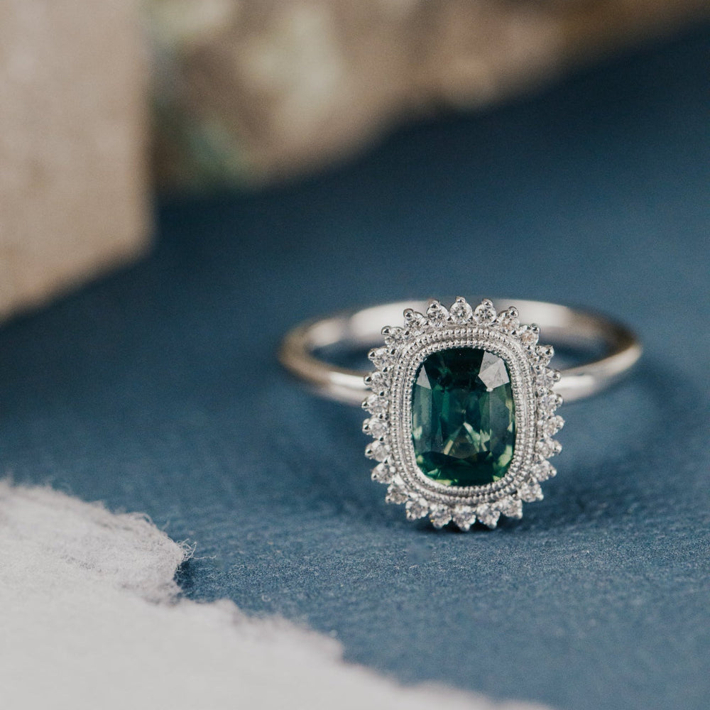 The Nile Elongated Cushion Teal Sapphire Ring