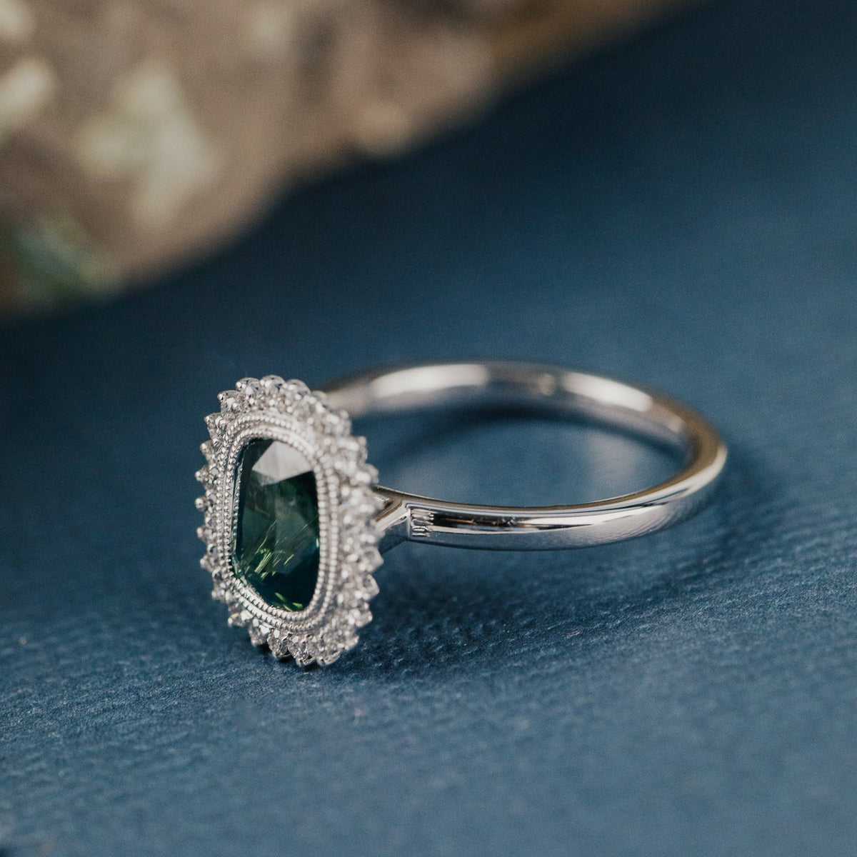 The Nile Elongated Cushion Teal Sapphire Ring
