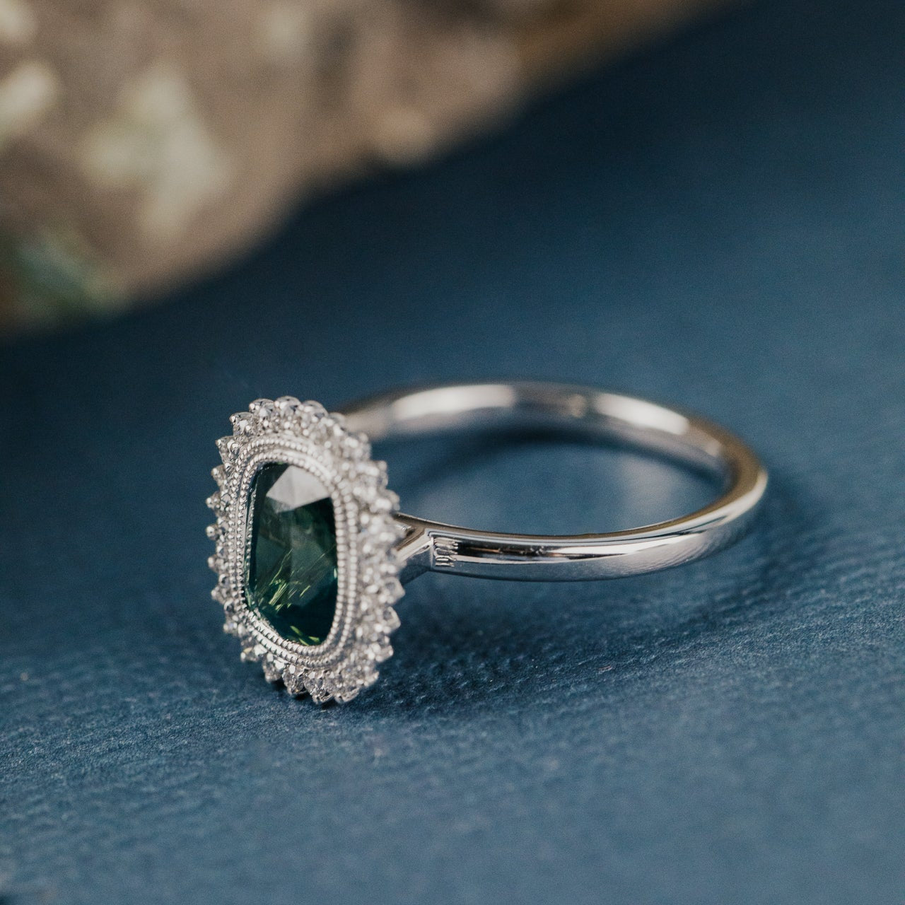 The Nile Elongated Cushion Teal Sapphire Ring