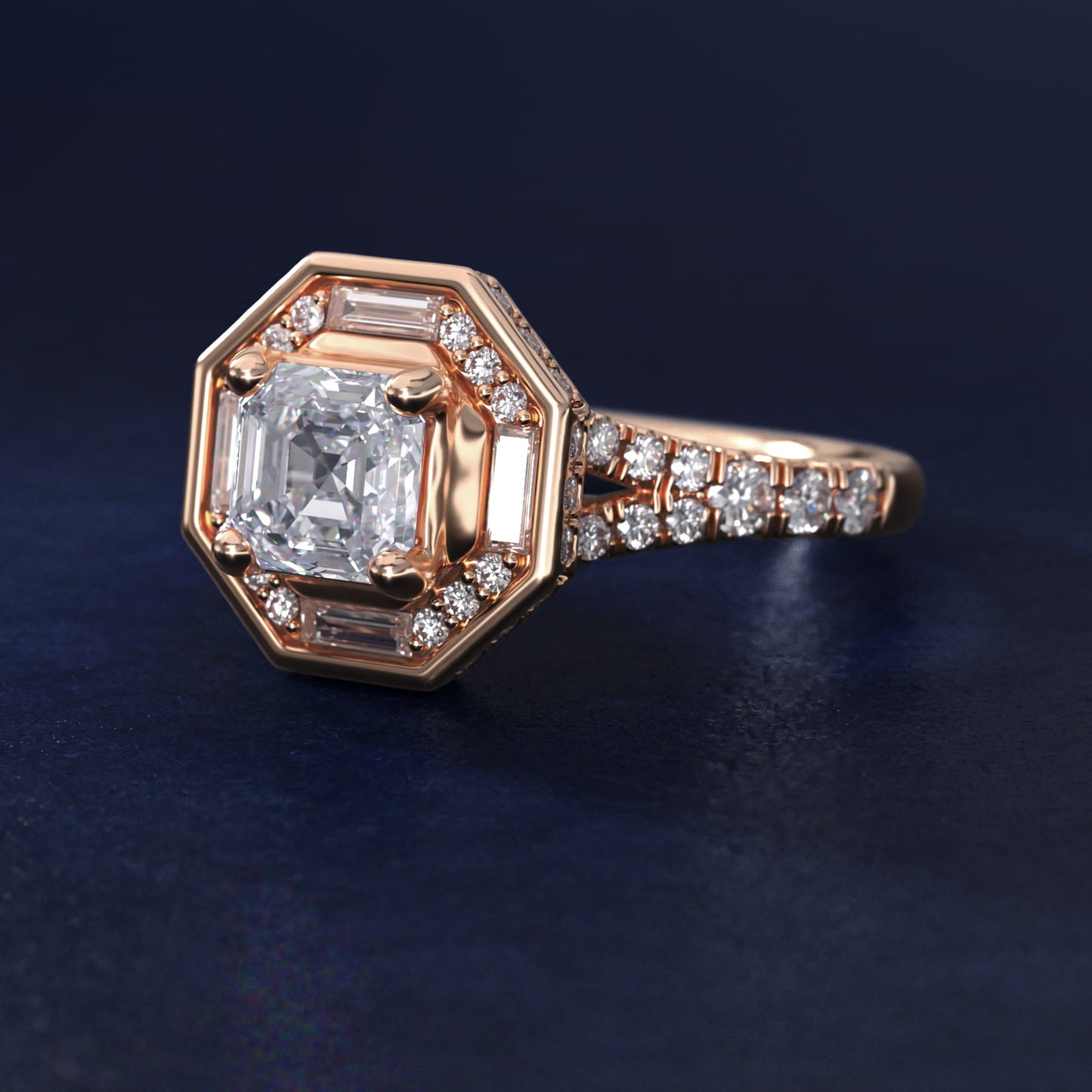 Art Deco Hexagon Halo Diamond Engagement Ring in 18k Rose Gold (3/4 ct. tw.) By Zac Zac Posen - Asscher Center