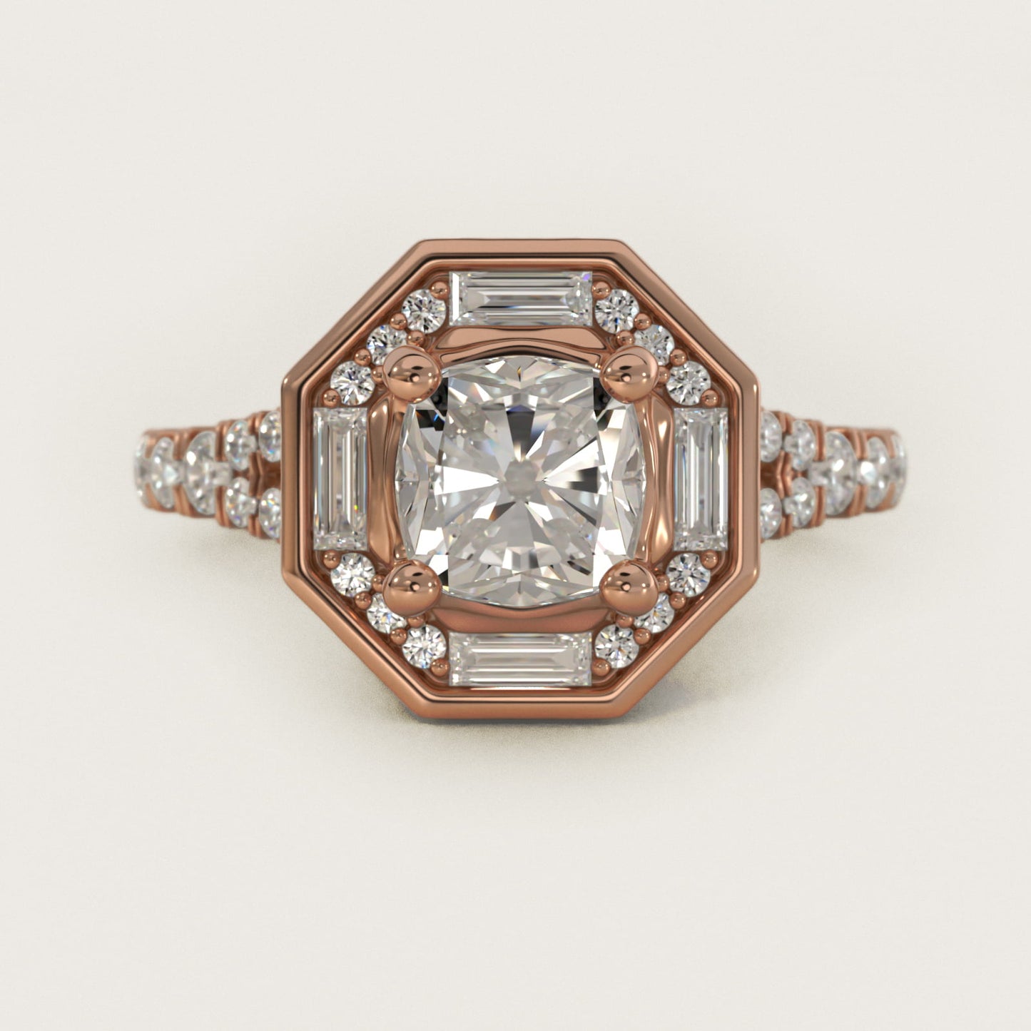 Art Deco Hexagon Halo Diamond Engagement Ring in 14k Rose Gold (3/4 ct. tw.) By Zac Zac Posen - Cushion Center