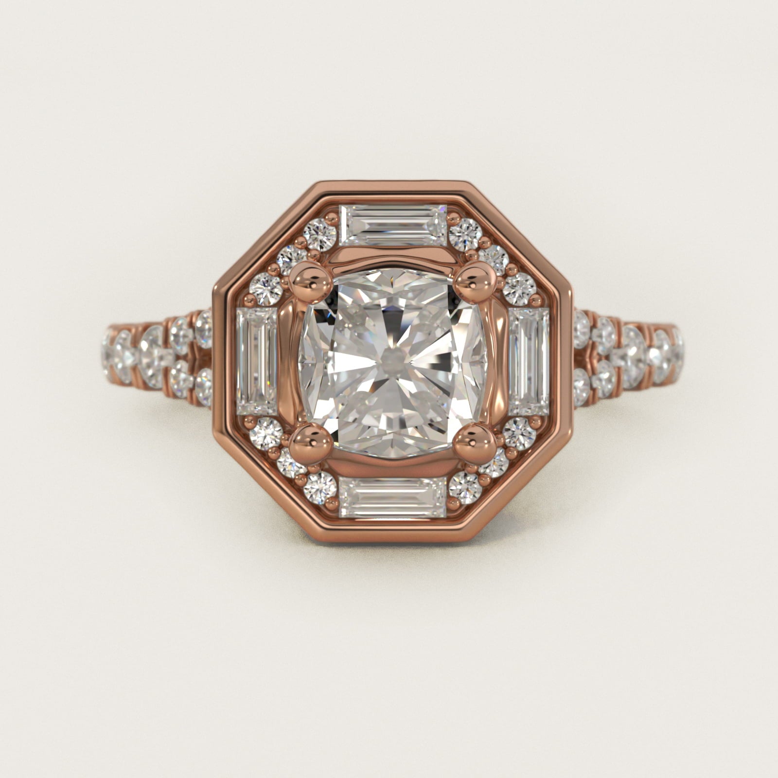 Art Deco Hexagon Halo Diamond Engagement Ring in 14k Rose Gold (3/4 ct. tw.) By Zac Zac Posen - Cushion Center