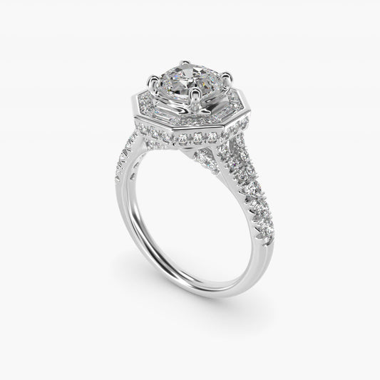 Art Deco Hexagon Halo Diamond Engagement Ring in 18k White Gold (3/4 ct. tw.) By Zac Zac Posen - Cushion Center