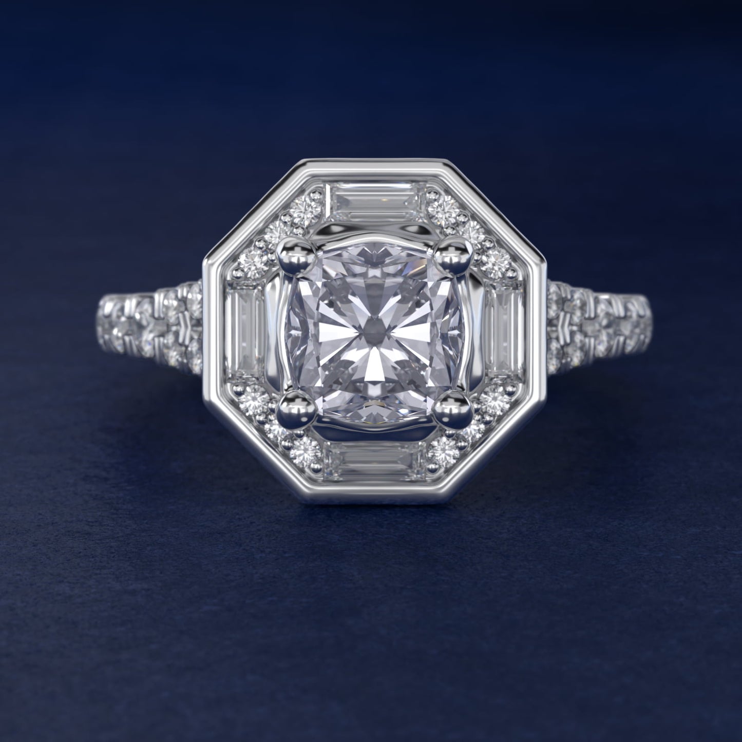 Art Deco Hexagon Halo Diamond Engagement Ring in 18k White Gold (3/4 ct. tw.) By Zac Zac Posen - Cushion Center