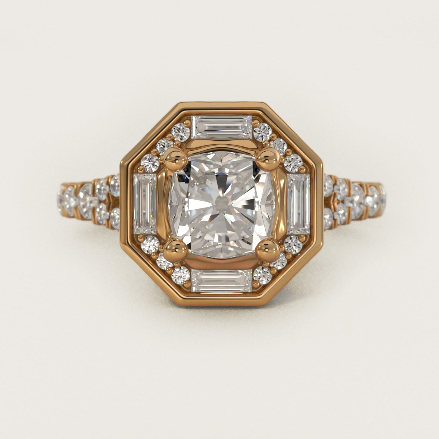 Art Deco Hexagon Halo Diamond Engagement Ring in 18k Yellow Gold (3/4 ct. tw.) By Zac Zac Posen - Cushion Center