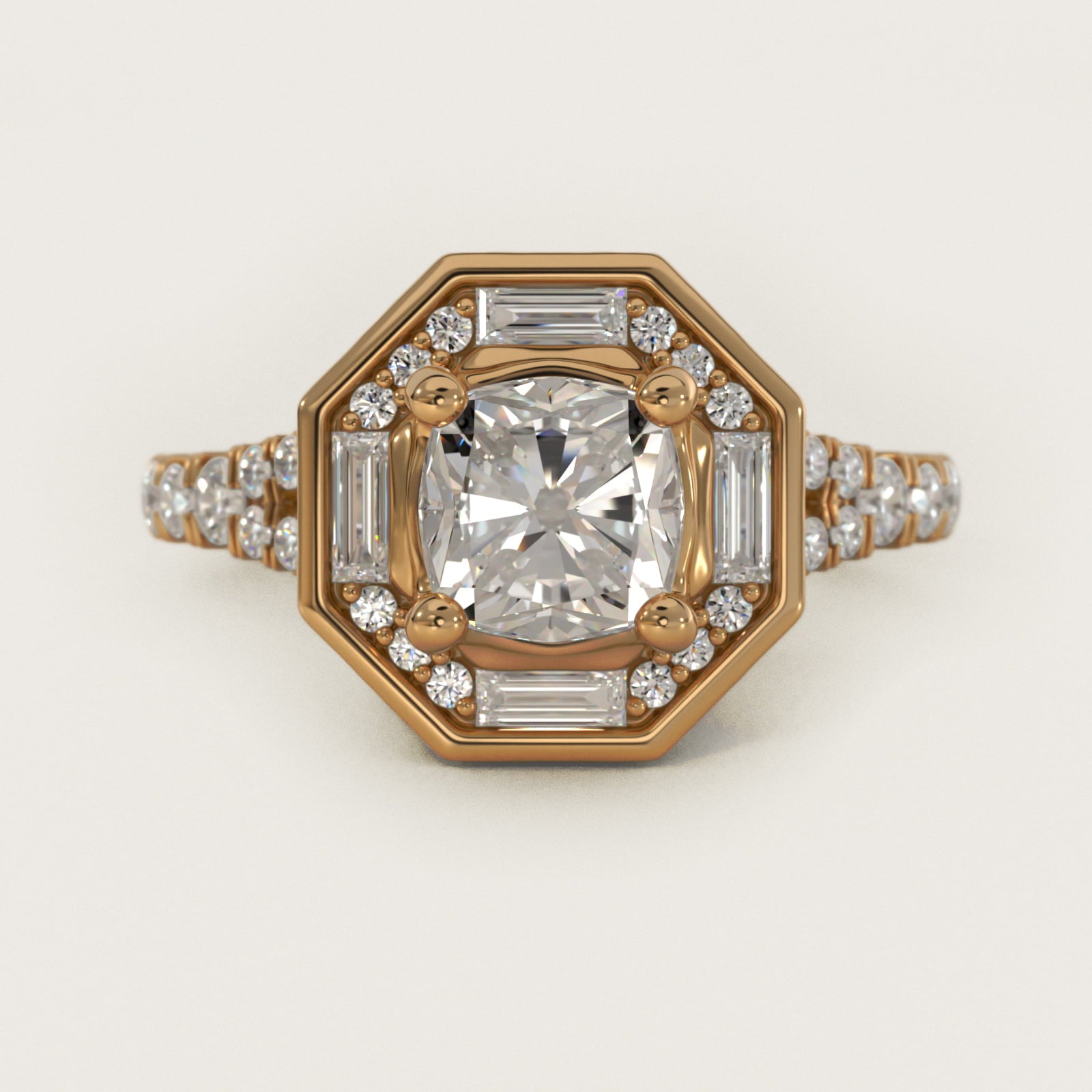 Art Deco Hexagon Halo Diamond Engagement Ring in 18k Yellow Gold (3/4 ct. tw.) By Zac Zac Posen - Cushion Center