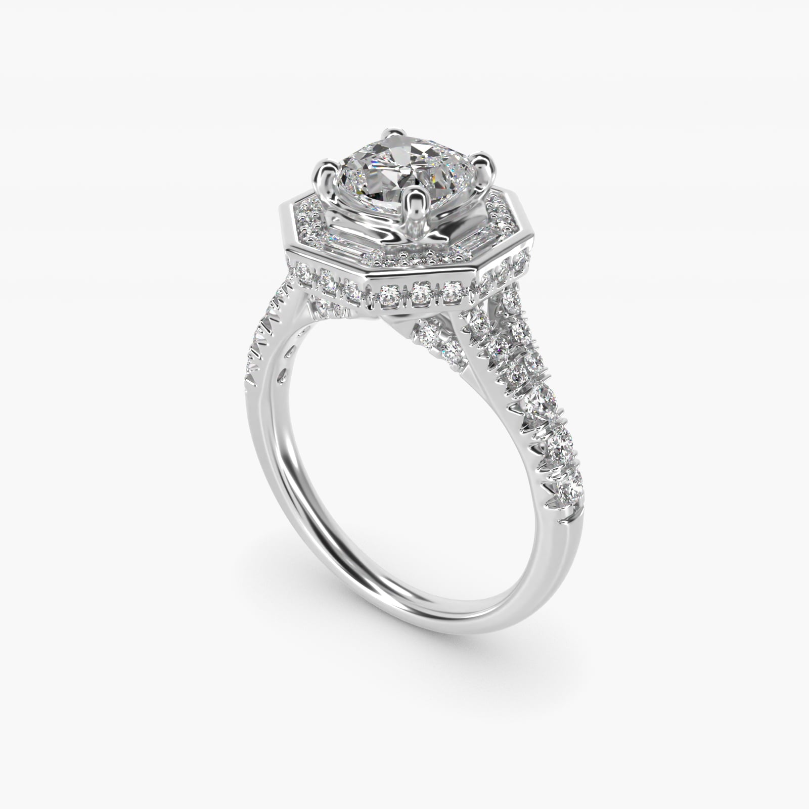 Art Deco Hexagon Halo Diamond Engagement Ring in Platinum (3/4 ct. tw.) By Zac Zac Posen - Cushion Center