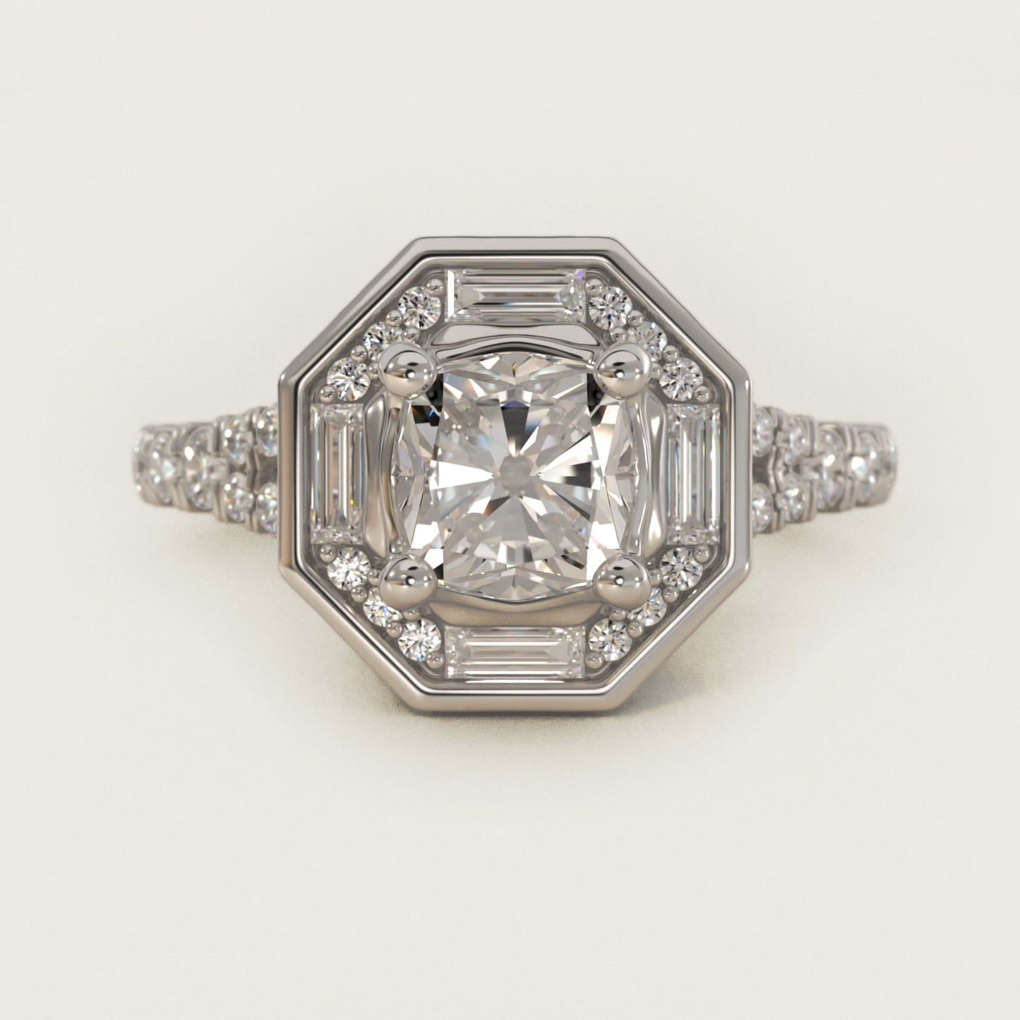 Art Deco Hexagon Halo Diamond Engagement Ring in Platinum (3/4 ct. tw.) By Zac Zac Posen - Cushion Center