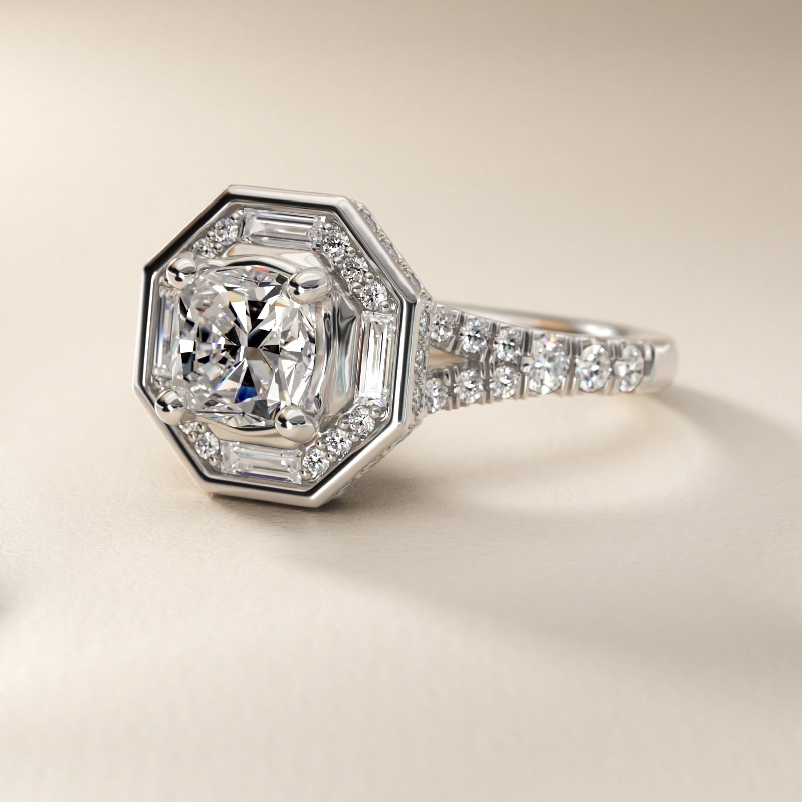 Art Deco Hexagon Halo Diamond Engagement Ring in Platinum (3/4 ct. tw.) By Zac Zac Posen - Cushion Center