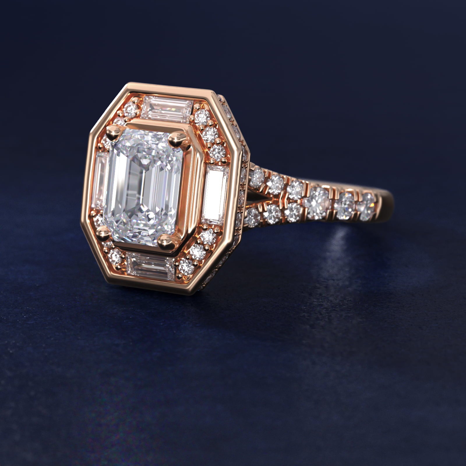 Art Deco Hexagon Halo Diamond Engagement Ring in 18k Rose Gold (3/4 ct. tw.) By Zac Zac Posen - Emerald Center