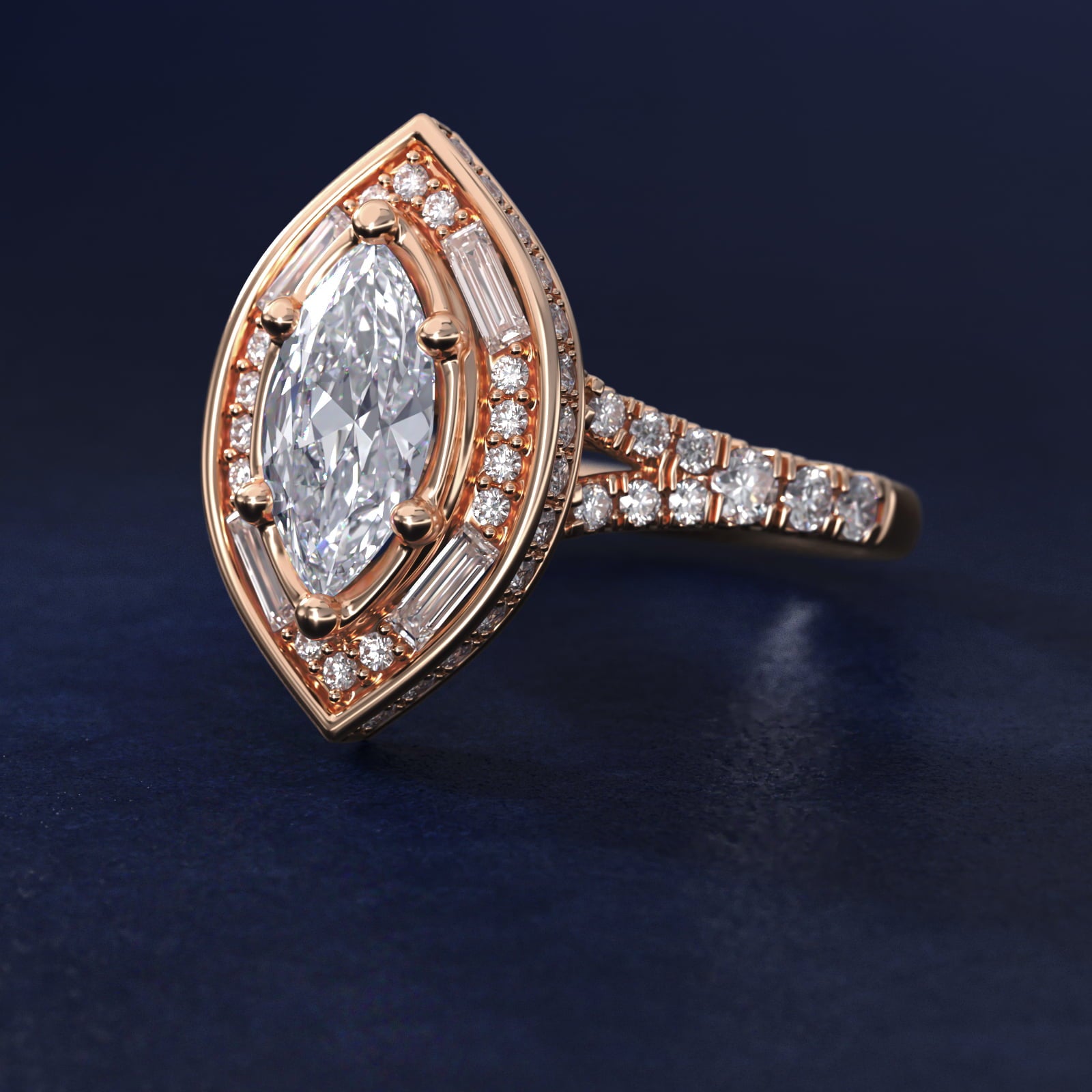 Art Deco Hexagon Halo Diamond Engagement Ring in 14k Rose Gold (3/4 ct. tw.) By Zac Zac Posen - Marquise Center