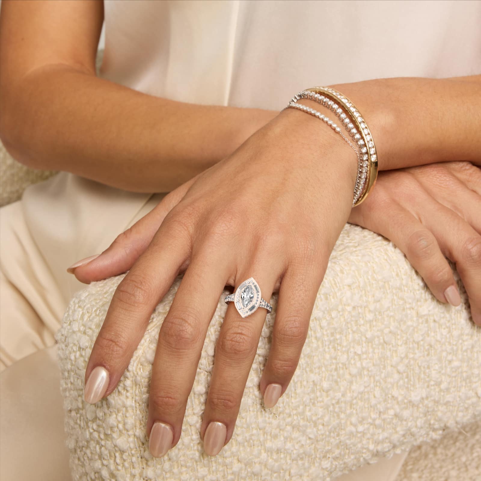 Art Deco Hexagon Halo Diamond Engagement Ring in 18k White Gold (3/4 ct. tw.) By Zac Zac Posen - Marquise Center