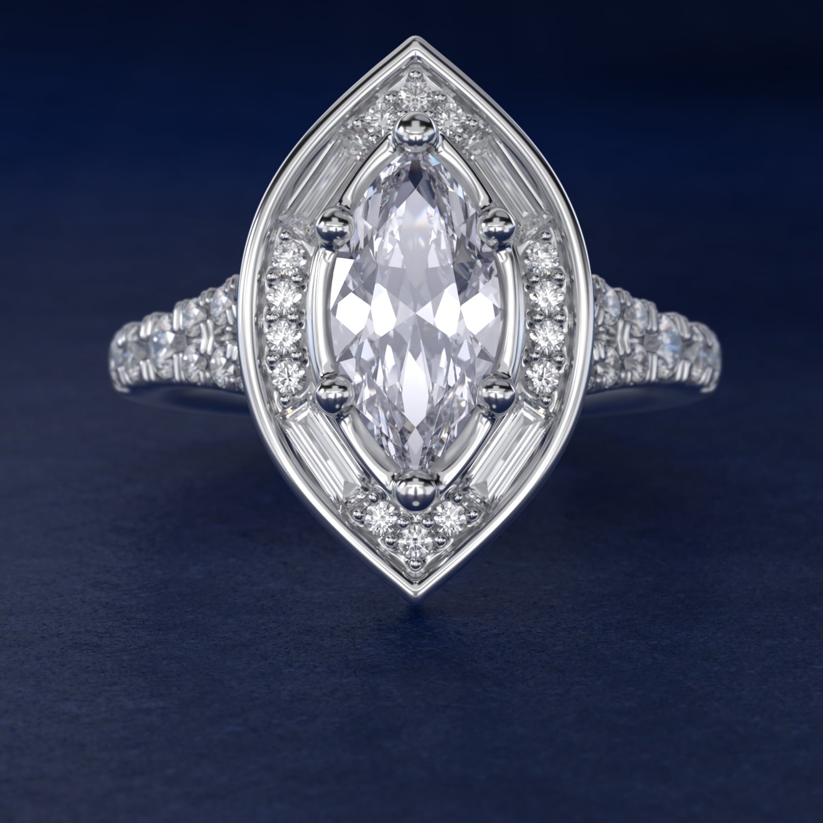 Art Deco Hexagon Halo Diamond Engagement Ring in 14k White Gold (3/4 ct. tw.) By Zac Zac Posen - Marquise Center