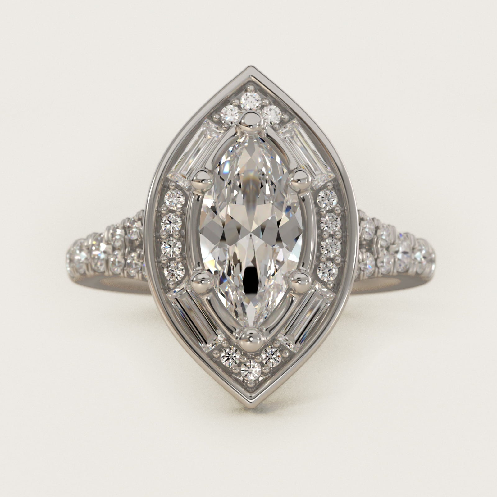 Art Deco Hexagon Halo Diamond Engagement Ring in 14k White Gold (3/4 ct. tw.) By Zac Zac Posen - Marquise Center