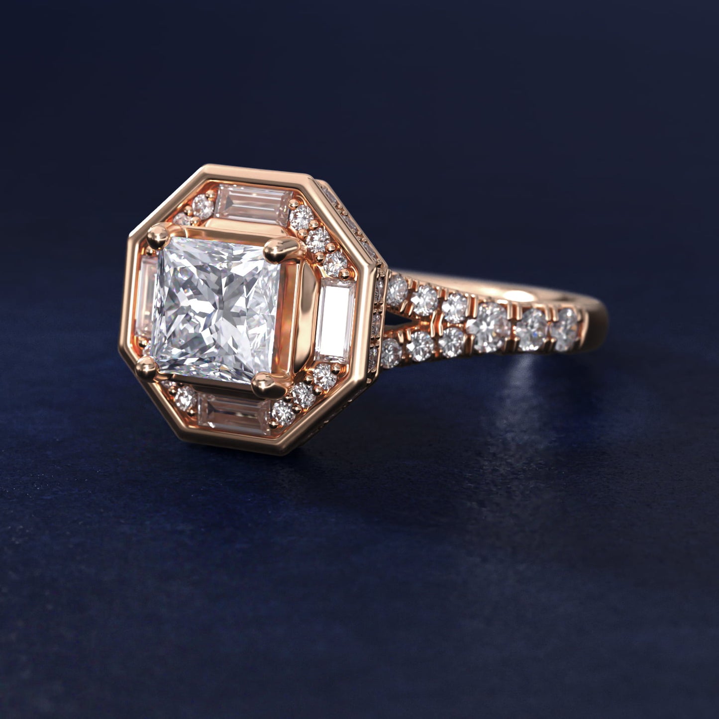 Art Deco Hexagon Halo Diamond Engagement Ring in 18k Rose Gold (3/4 ct. tw.) By Zac Zac Posen - Princess Center