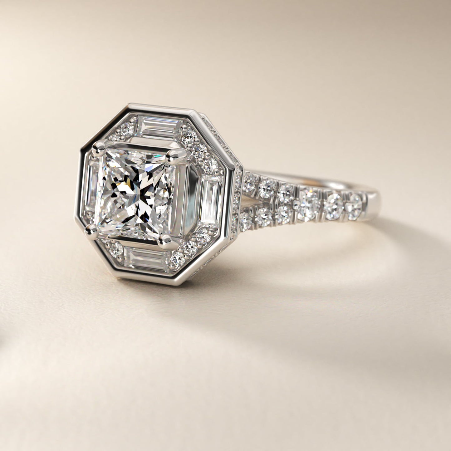 Art Deco Hexagon Halo Diamond Engagement Ring in Platinum (3/4 ct. tw.) By Zac Zac Posen - Princess Center