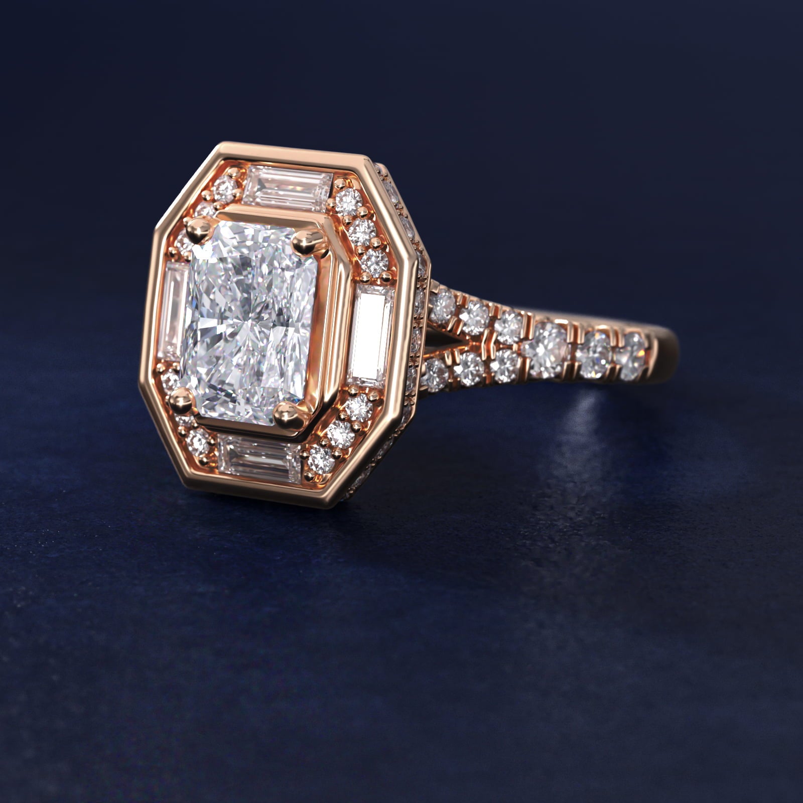 Art Deco Hexagon Halo Diamond Engagement Ring in 18k Rose Gold (3/4 ct. tw.) By Zac Zac Posen - Radiant Center