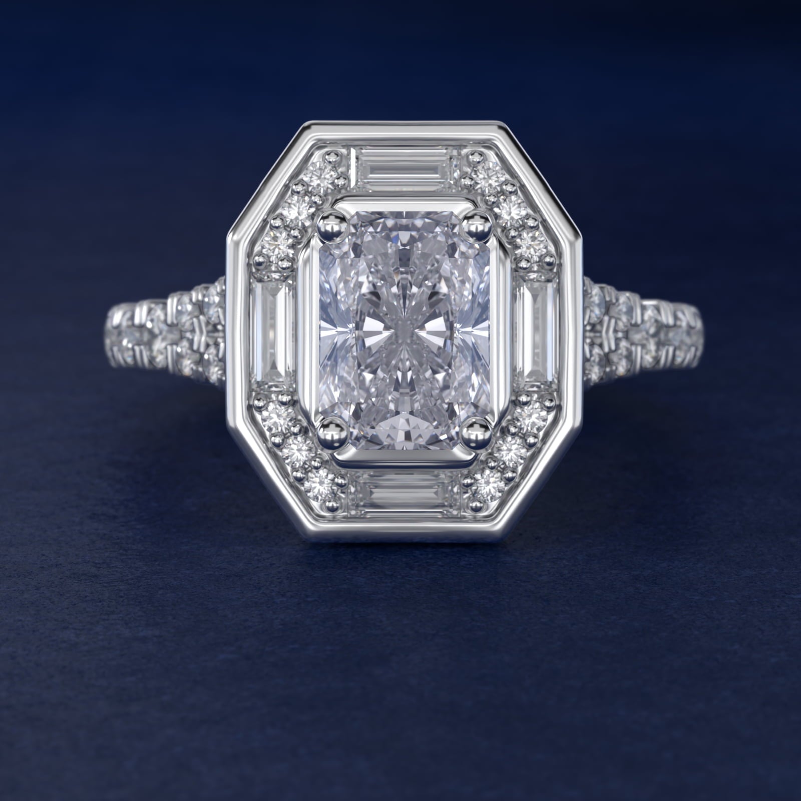 Art Deco Hexagon Halo Diamond Engagement Ring in 14k White Gold (3/4 ct. tw.) By Zac Zac Posen - Radiant Center