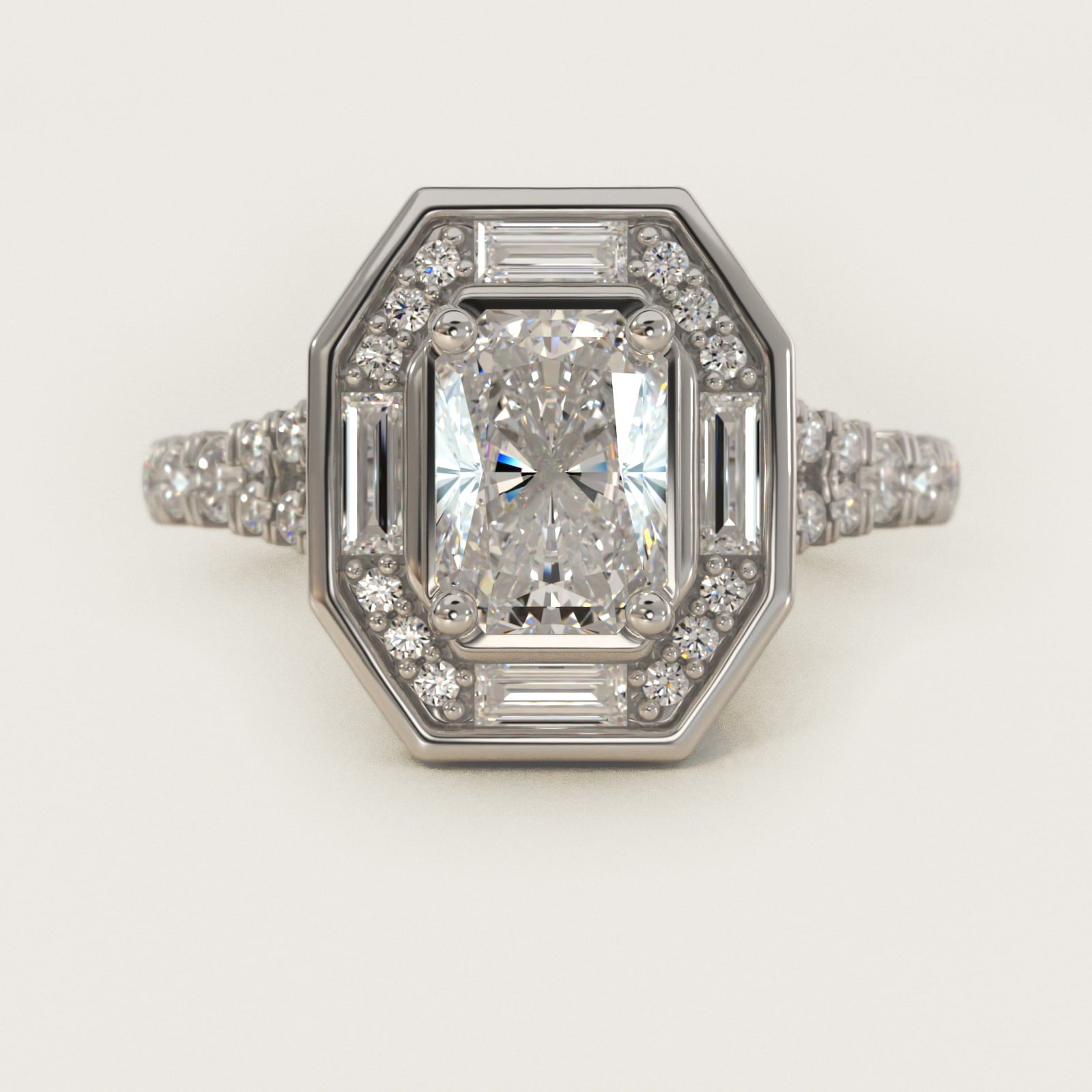 Art Deco Hexagon Halo Diamond Engagement Ring in 14k White Gold (3/4 ct. tw.) By Zac Zac Posen - Radiant Center